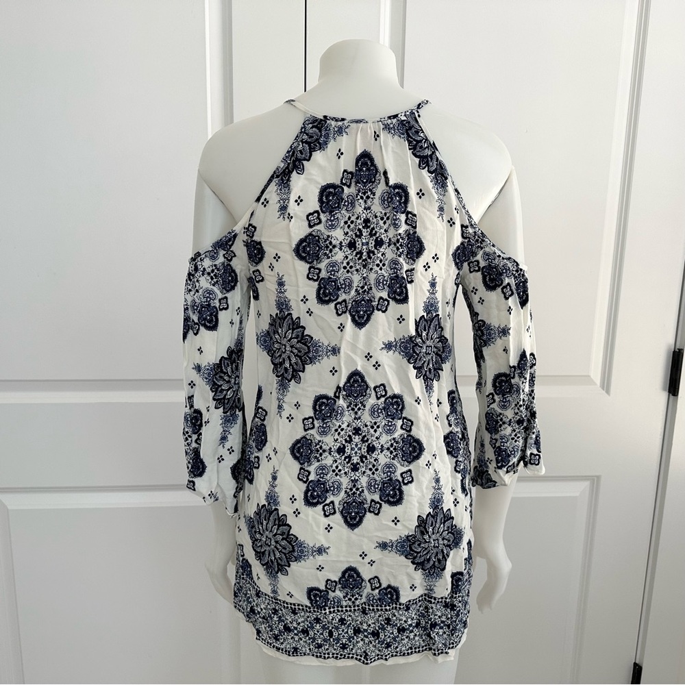 Blue & White Floral Paisley Print Boho Festival Cutout Dress - Picture 3 of 17